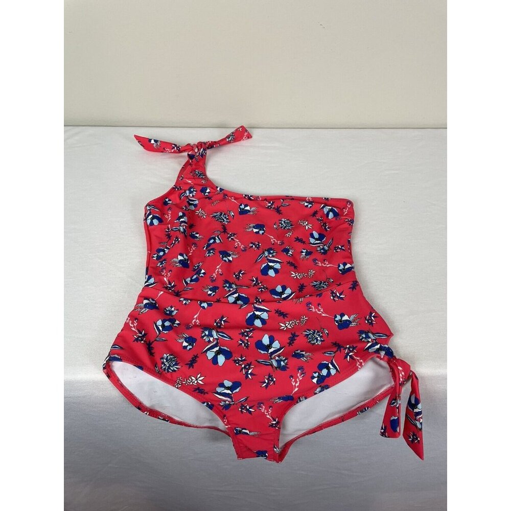 One Piece One-Shoulder Bathing Suit Womens Small Red Floral Bows - Picture 2 of 4